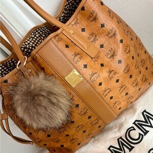 MCM Tan Logo Tote with Fur Charm